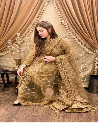Beautiful Golden Color Net Embroidered with Heavy Hand Work Salwar Suit for Special Occasion