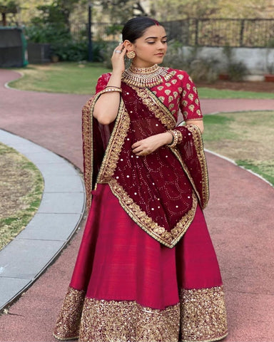 Gorgeous Red Color Satin Georgette Lehenga Blouse with Zari and Sequins work for Special Occasion