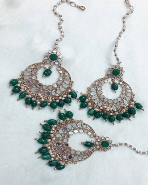 Pretty Golden Color Earrings and Matha Tikka with Gorgeous Green and White Color Pearls for Special Occasion