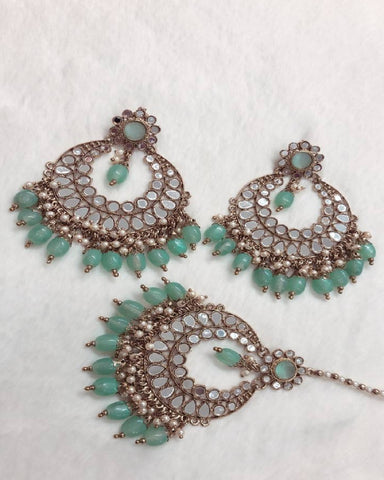 Royal High Quality Golden Color Earrings and Matha Tikka with Beautiful Light Blue and Golden Color Pearls for Special Occasion