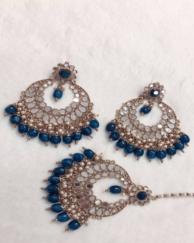 Charming Golden Color Earrings and Matha Tikka with Pretty Blue Color Pearls for Special Occasion