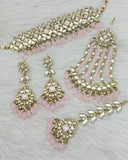 Beautiful Golden Color Necklace, Earrings, Matha Tikka and Jhoomar Set with Charming Pink Color Pearls for Special Occasion