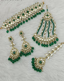 Pretty Golden Color Necklace, Earrings, Matha Tikka and Jhoomar Set with Charming Green Color Pearls for Special Occasion