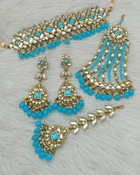 Attractive Golden Color Necklace, Earrings, Matha Tikka and Jhoomar Set with Pretty Blue Color Pearls for Special Occasion
