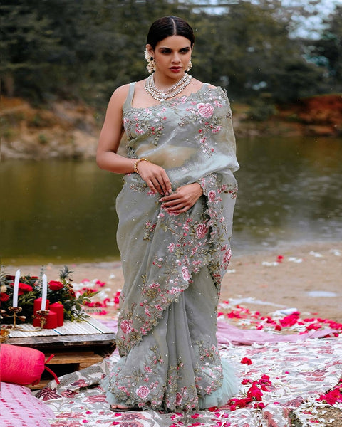 Premium Quality Organza Silk Embellished With Beautiful Heavy Embroidery in Multiple Colors In Pure Viscose Thread With Beautiful Heavy Diamond Work Saree and Blouse for Special Occasion