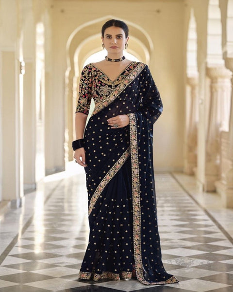 Beautiful Black Color Rangoli Silk with Fancy Sequins and Coding Work Saree and Blouse for Special Occasion