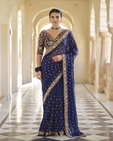 Charming Blue Color Rangoli Silk with Fancy Sequins and Coding Work Saree and Blouse for Special Occasion