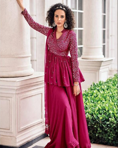 Beautiful Maroon Color Faux Georgette with Heavy Embroidery and Fancy Lace Work Palazzo Suit for Special Occasion