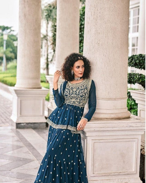 Beautiful Dark Blue Color with Charming White Color Floral Work Faux Georgette with Heavy Embroidery and Fancy Lace Work Palazzo Suit for Special Occasion