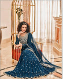 Beautiful Dark Blue Color with Charming White Color Floral Work Faux Georgette with Heavy Embroidery and Fancy Lace Work Palazzo Suit for Special Occasion