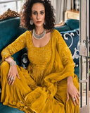 Pretty Dark Yellow Color Faux Georgette with Heavy Embroidery and Fancy Lace Work Palazzo Suit for Special Occasion