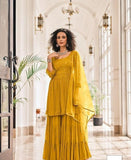 Pretty Dark Yellow Color Faux Georgette with Heavy Embroidery and Fancy Lace Work Palazzo Suit for Special Occasion