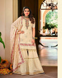 Excellent Cream White Color Faux Georgette with Heavy Embroidery and Fancy Lace Work Palazzo Suit