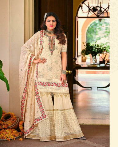 Excellent Cream White Color Faux Georgette with Heavy Embroidery and Fancy Lace Work Palazzo Suit