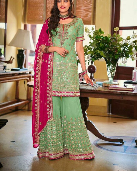 Beautiful Light Green Color Faux Georgette with Heavy Embroidery and Fancy Lace Work Palazzo Suit for Special Occasion