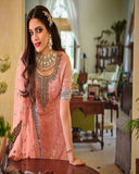 Gorgeous Pink Color Faux Georgette with Heavy Embroidery and Fancy Lace Work Palazzo Suit for Special Occasion