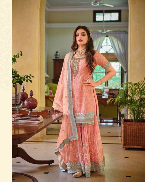 Gorgeous Pink Color Faux Georgette with Heavy Embroidery and Fancy Lace Work Palazzo Suit for Special Occasion