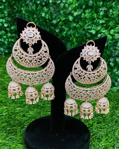 Beautiful Golden Color Zircon Diamond Big Jhumka Chandelier with Mang Tikka in Rose Gold Finish for Special Occasion