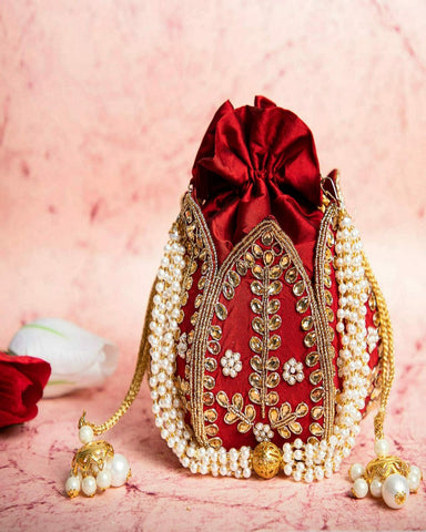 Beautiful Red Color Kundan Lotus Shaped Potli Strictly made with Hard Base Material for Special Occasion