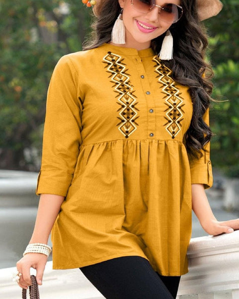 Beautiful Yellow Color Jam Cotton with Beautiful Embroidery Work Kurti for Special Occasion