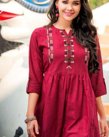 Pretty Carmine Red Color Jam Cotton with Beautiful Embroidery Work Kurti for Special Occasion