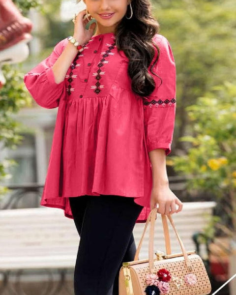 Attractive Red Color Jam Cotton with Beautiful Embroidery Work Kurti for Special Occasion