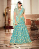 Charming Aqua Color Net Lehenga, Dupatta with Net Embroidered Blouse and Belt for Special Occasion
