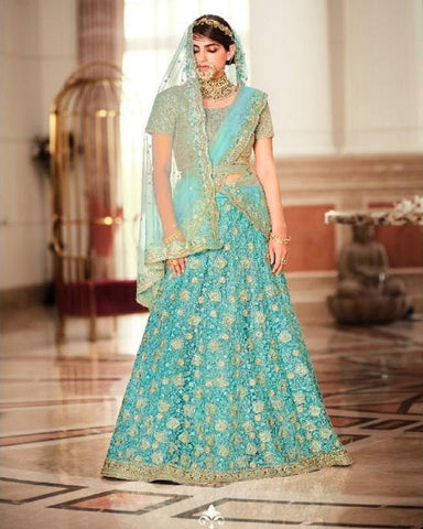 Charming Aqua Color Net Lehenga, Dupatta with Net Embroidered Blouse and Belt for Special Occasion