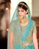 Charming Aqua Color Net Lehenga, Dupatta with Net Embroidered Blouse and Belt for Special Occasion