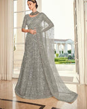 Beautiful Grey Color Net Lehenga, Dupatta with Net Embroidered Blouse and Belt for Special Occasion