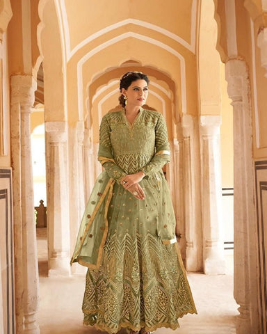 Charming Brownish Green Color Glossy Net Fabric with Embroidery, Resham, Stone and Thread work Designer Salwar Suit for Special Occasion