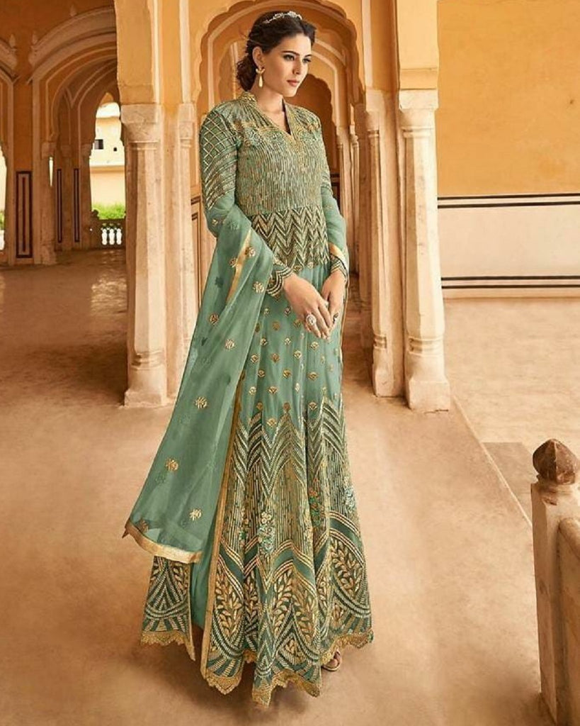 Gorgeous Hazel Green Color Glossy Net Fabric with Embroidery, Resham, Stone and Thread work Designer Salwar Suit for Special Occasion Gorgeous Hazel Green Color Glossy Net Fabric with Embroidery, Resham, Stone and Thread work Designer Salwar Suit for Special Occasion