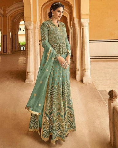 Gorgeous Hazel Green Color Glossy Net Fabric with Embroidery, Resham, Stone and Thread work Designer Salwar Suit for Special Occasion