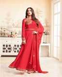 Charming Red Color Pure Crepe Silk with Beautiful Golden Zari Embroidery Work including Sleeves Gown Suit for Special Occasion