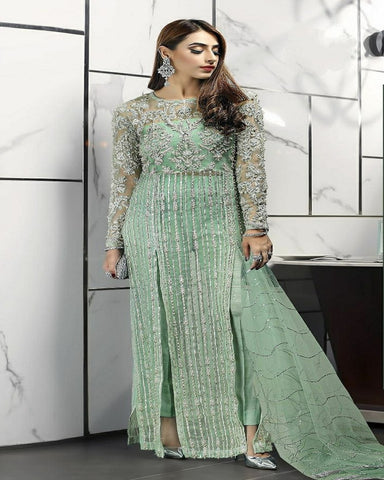 Charming Light Green Color Georgette and Net Salwar Suit with Santoon Bottom and Inner for Special Occasion