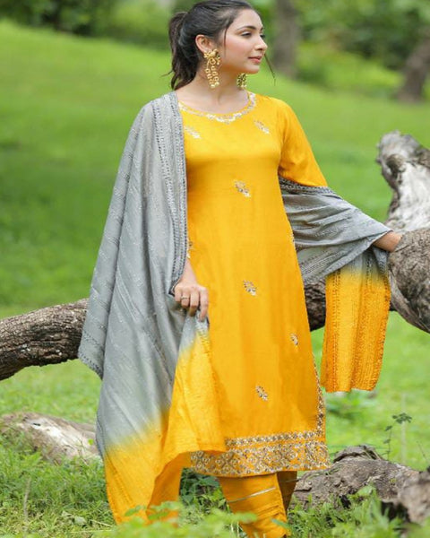 Gorgeous Yellow Color Multi Embroidery Viscose Silk Straight Kurti and Pant with Dupatta