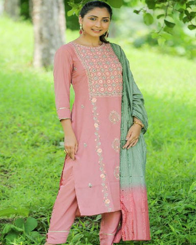 Pretty Pink Color Multi Embroidery Viscose Silk Straight Kurti and Pant with Dupatta