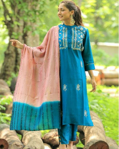 Charming Blue Color Multi Embroidery Viscose Straight Kurti and Pant with Dupatta