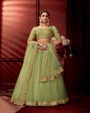 Gorgeous Light Green Color Net with Devsena Crushed Pleated Satin with Heavy Quality CanCan and Zari Embroidery Sequins Work Lehenga Choli with Net Dupatta for Special Occasion