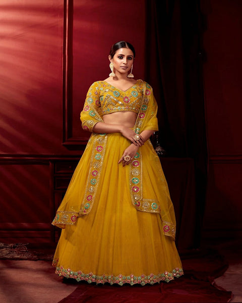 Charming Yellow Color Net with Devsena Crushed Pleated Satin with Heavy Quality CanCan and Zari Embroidery Sequins Work Lehenga Choli with Net Dupatta for Special Occasion