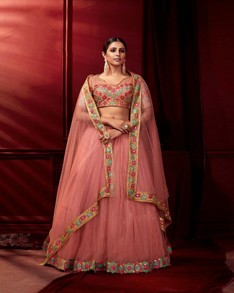 Pretty Pink Color Net with Devsena Crushed Pleated Satin with Heavy Quality CanCan Lehenga Choli with Net Dupatta for Special Occasion