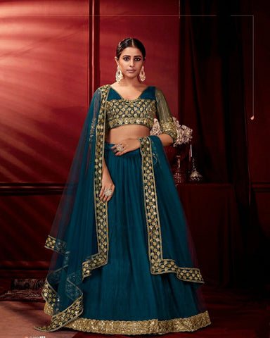 Beautiful Blue Color Net with Devsena Crushed Pleated Satin with Heavy Quality CanCan Lehenga Choli with Net Dupatta for Special Occasion