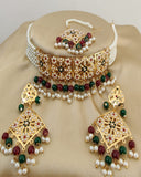 Charming Golden Color Necklace, Earrings and Matha Tikka with Beautiful Green, Maroon and White Color added Pearls for Special Occasion