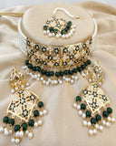 Glossy Golden Color Necklace, Earrings and Matha Tikka with Beautiful Green and  White Color added Pearls for Special Occasion