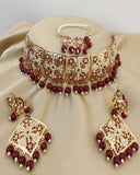 Royal Golden Color Necklace, Earrings and Matha Tikka with Beautiful Maroon and White Color added Pearls for Special Occasion