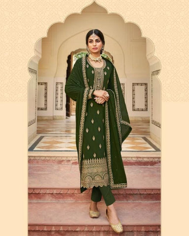 Beautiful Green Color Georgette Top and Dupatta with Santoon Bottom and Inner Salwar Suit for Special Occasion