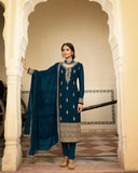 Attractive Prussian Blue Color Georgette Top and Dupatta with Santoon Bottom and Inner Salwar Suit for Special Occasion
