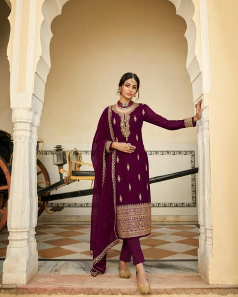 Pretty Maroon Color Georgette Top and Dupatta with Santoon Bottom and Inner Salwar Suit for Special Occasion
