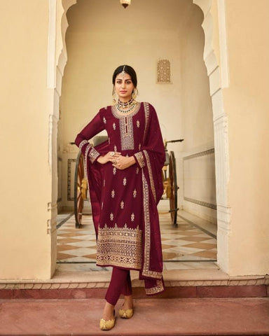Gorgeous Red Color Georgette Top and Dupatta with Santoon Bottom and Inner Salwar Suit for Special Occasion