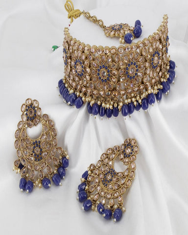 Pretty Golden Color Premium Quality Full AD Stone Choker Necklace, Earrings and Matha Tikka with Beautiful Blue Color Pearls on both Necklace and Earrings for Special Occasion